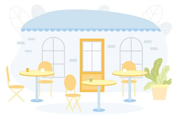 Flat Banner, Restaurant Patio Interior Cartoon. Flat Banner, Restaurant Patio Interior Cartoon. Successful Establishment, Summer Terrace Small Cafe. Landing Suits in Restaurant, Furniture for Street Food Cartoon. Vector Illustration. indoors bar restaurant sofa stock illustrations