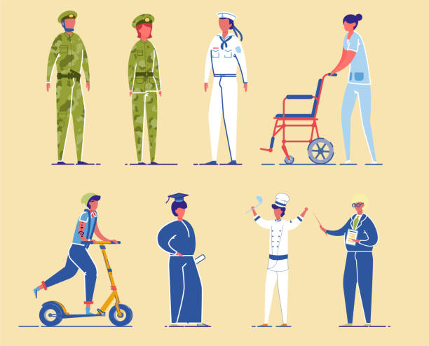 illustrazioni stock, clip art, cartoni animati e icone di tendenza di diverse professioni personaggi civili e militari. - uniforme militare