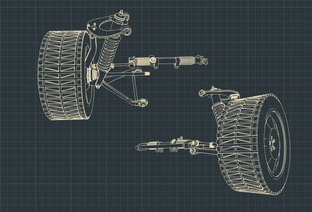 Car suspension blueprints Vector illustration of drawings of the suspension of an SUV chassis stock illustrations