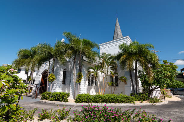 Church in the centre of downtown George Town, Grand Cayman. White Catholic Church in downtown centre of Georgetown on walking distance of the cruise terminal, Grand Cayman, Cayman Islands. grand cayman stock pictures, royalty-free photos & images