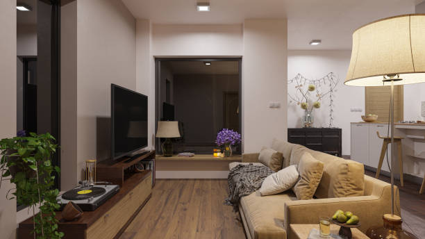 istock Brightly Illuminated Living Room Concept at Nighttime 1202137533