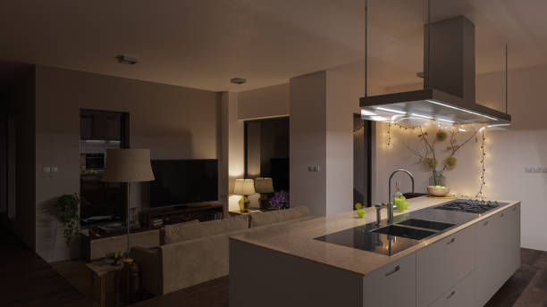 istock Dimly Illuminated Open Plan Kitchen and Living Room at Night 1202137760