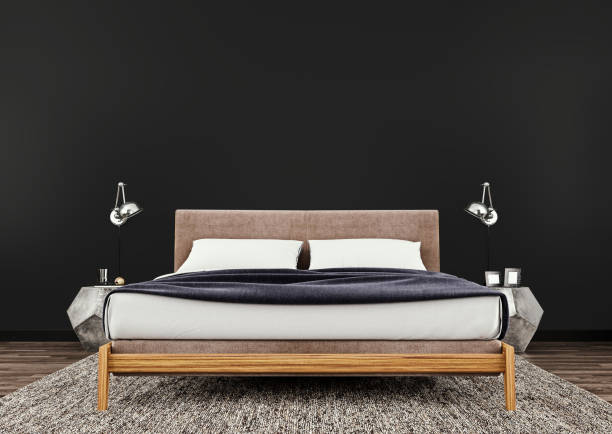 istock Dark, black horizontal mock up poster frame in modern interior background, designer bed with clean bedding in modern bedroom, Scandinavian style, 3D render, 3D illustration 1202138408