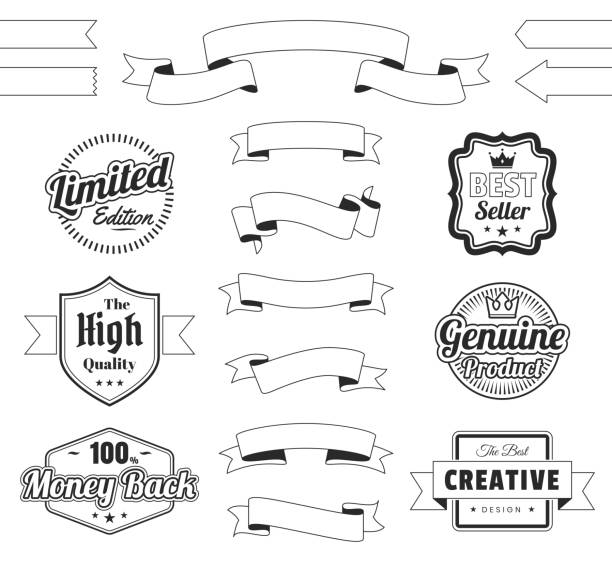 ilustrações de stock, clip art, desenhos animados e ícones de set of ribbons, banners, badges, labels (outline, line art) - design elements on white background - line art scroll shape design element scroll