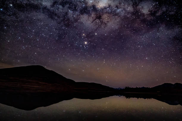 istock Lake Camp mountain silhouette and milky way reflections 1202139814