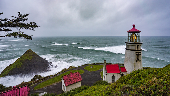 Wide angle shot from a lookout above the lighthouse.  Pure beauty on the Oregon Coastline