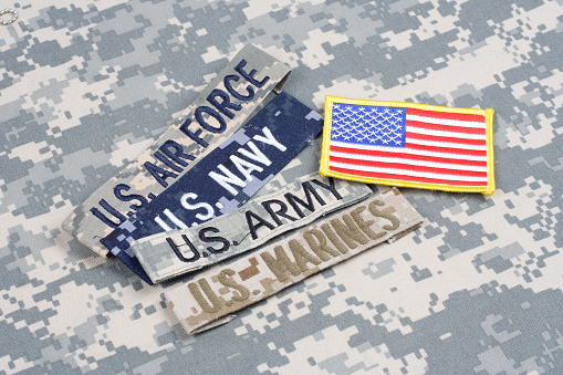 US MILITARY concept with branch tapes  on camouflage uniform background