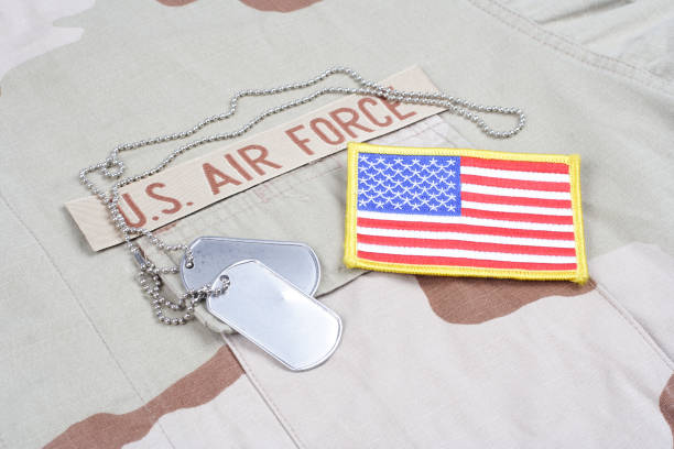 istock US AIR FORCE branch tape on with dog tags desert camouflage uniform background 1202140135