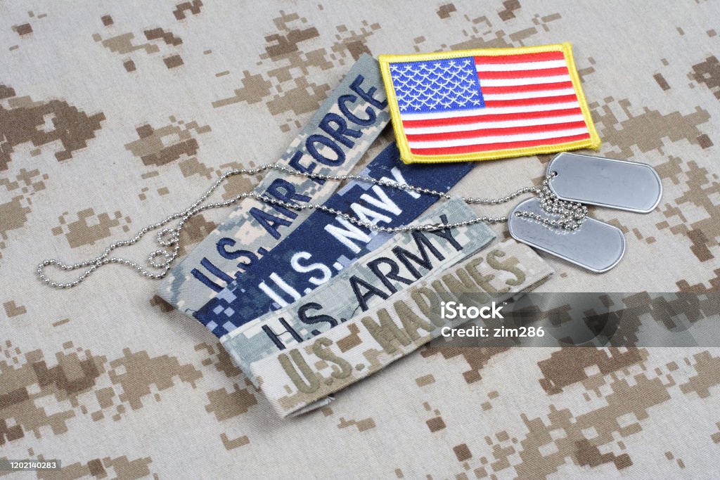 US MILITARY concept with branch tapes and dog tags on camouflage uniform US MILITARY concept with branch tapes and dog tags on camouflage uniform background Military Stock Photo