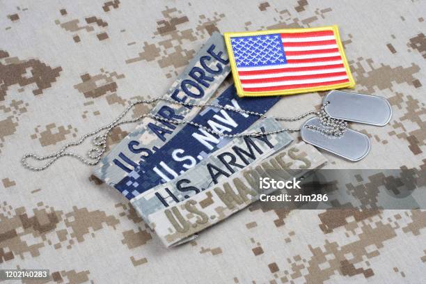 Us Military Concept With Branch Tapes And Dog Tags On Camouflage Uniform Stock Photo - Download Image Now