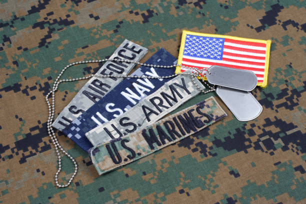 US MILITARY concept with branch tapes and dog tags on camouflage uniform US MILITARY concept with branch tapes and dog tags on camouflage uniform background militant groups photos stock pictures, royalty-free photos & images