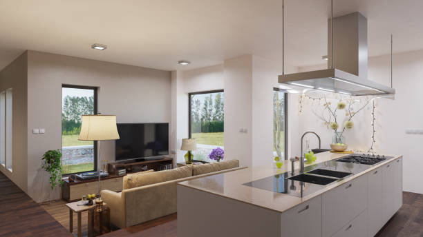 istock Slightly Illuminated Open Plan Living Room with the  Kitchen on Elevated Floor in Daytime 1202141588