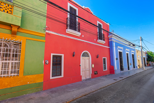 Scenic colorful colonial Merida streets in Mexico, Yucatan