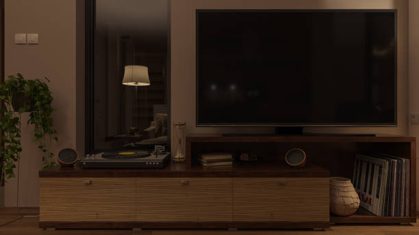 istock Contemporary Television Stand in Low Lighting at Night 1202142496