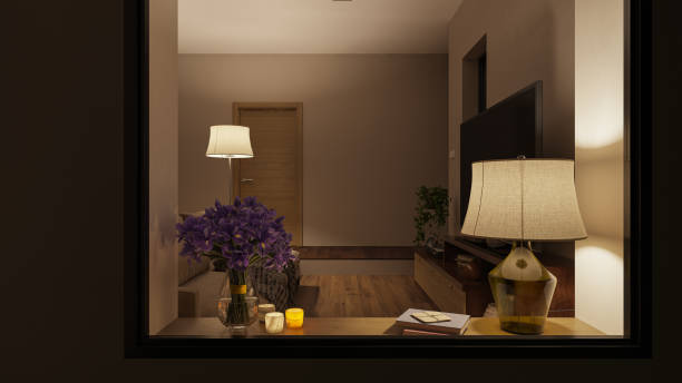 wohnzimmer durch das außenfenster bei nacht - floor lamp lamp lamp shade contemporary stock-fotos und bilder