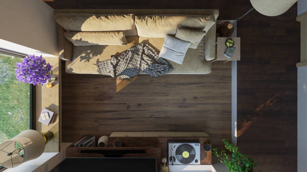 top-ansicht eines möblierten wohnzimmers bei tageslichtdurcht - floor lamp lamp lamp shade contemporary stock-fotos und bilder