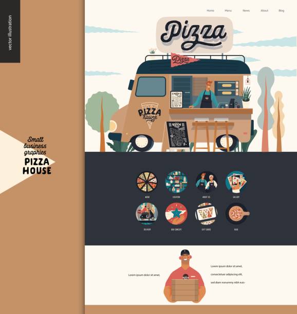 illustrazioni stock, clip art, cartoni animati e icone di tendenza di pizza house - grafica per piccole imprese - modello di progettazione della pagina di destinazione - traditional culture branding business marketing