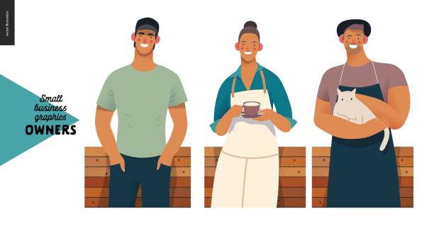 Owners - small business graphics Owners -small business owners graphics. Modern flat vector concept illustrations - young woman wearing white apron, with cup, young man with cat, young man baseball cap, standing at the wooden counter small business owner stock illustrations