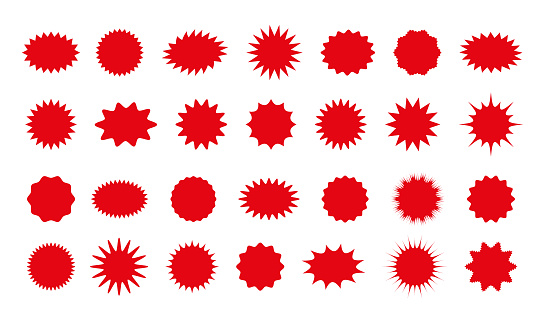 Star burst sticker. Vector. Starburst badge shape. Set price tag icon. Sale promo circles and clouds isolated on white background. Red pricetags. Round sun splash in simple design. Color illustration.