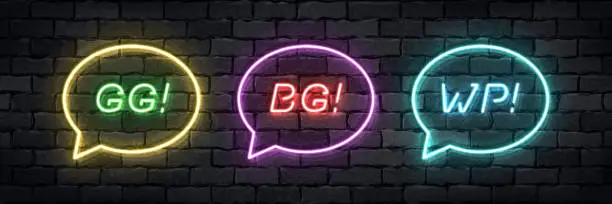 Vector illustration of Vector set of realistic isolated neon sign of GG, BG, WP logo for template decoration and layout covering on the wall background. Concept of gaming slang.