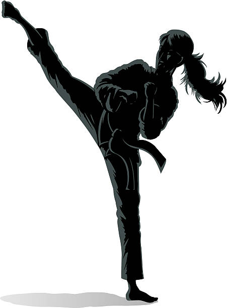 ilustraciones, imágenes clip art, dibujos animados e iconos de stock de chica sidekick - martial arts women tae kwon do black belt