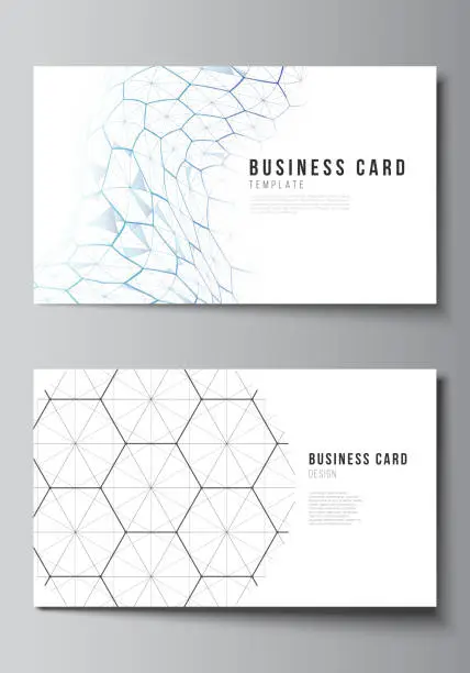 Vector illustration of Vector illustration layout of two creative business cards design templates. Digital technology and big data concept with hexagons, connecting dots and lines, polygonal science medical background.