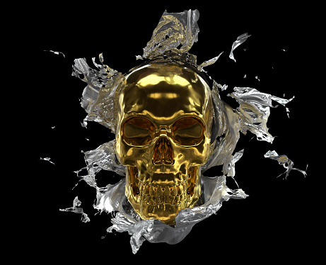 Gold cranium on black background with silver foil tearing around