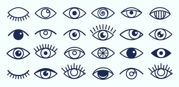 Eye icons collection Eye icons. Outline eyelashes and eyes symbols. Ophtalmology signs. Sight, closed and opened organ of vision vector collection lens optical instrument illustrations stock illustrations