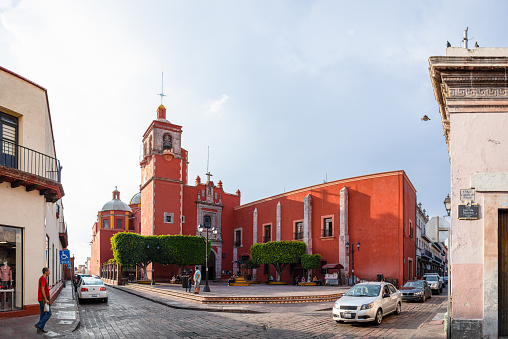 Santiago de Queretaro, Queretaro, Mexico - November 24, 2019:  View of the Jose Maria Morelos Street at the Convent of Our Lady of Mt. Carmel