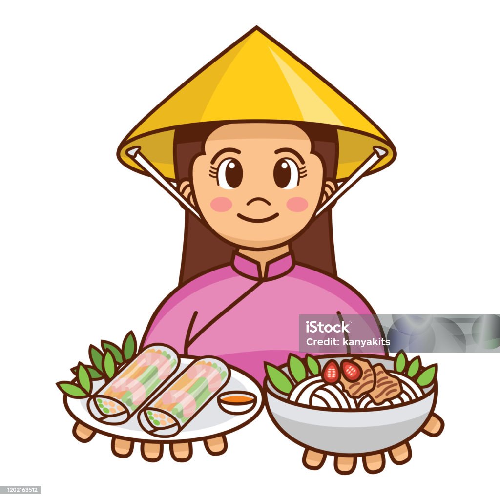 Cute Cartoon Vietnamese Girl In Traditional Cloth Serving Fresh Spring  Rolls And Noodle Soup Vector Stock Illustration - Download Image Now -  iStock