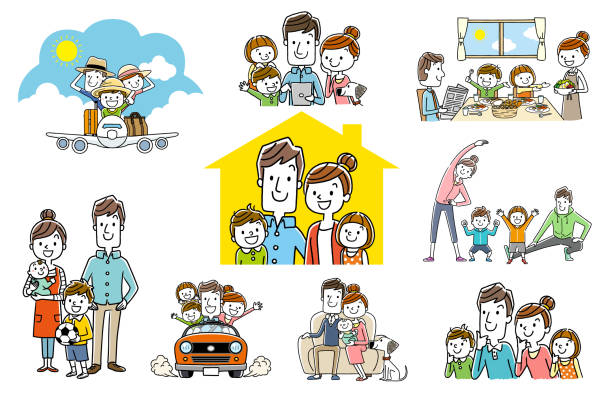 ilustraciones, imágenes clip art, dibujos animados e iconos de stock de conjunto de personas: familia divertida, colección - people young adult child football