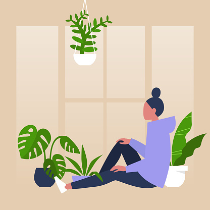 Young female character sitting by the window surrounded by house plants, meditative relaxation