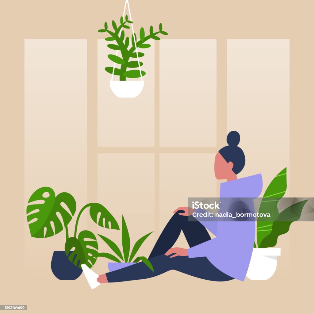 Young female character sitting by the window surrounded by house plants, meditative relaxation Plant stock vector