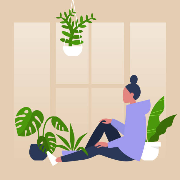 Young female character sitting by the window surrounded by house plants, meditative relaxation Young female character sitting by the window surrounded by house plants, meditative relaxation tranquility illustrations stock illustrations