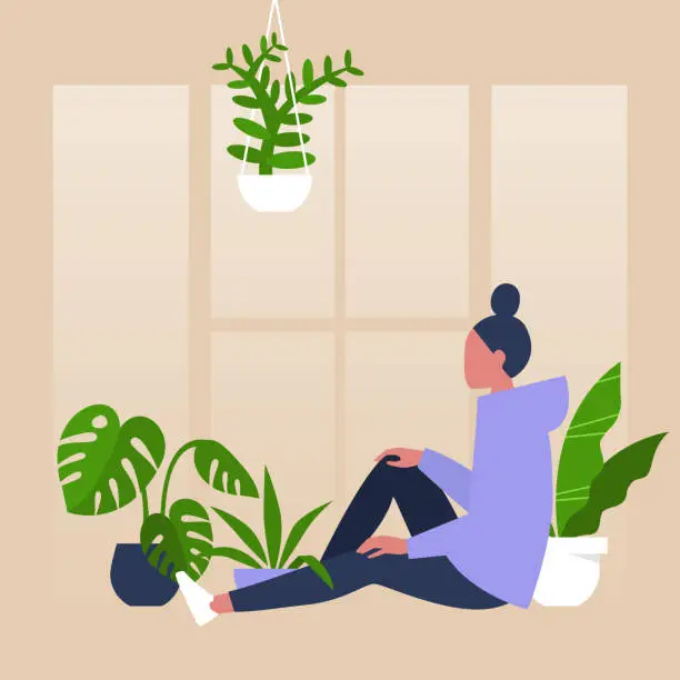 Vector illustration of Young female character sitting by the window surrounded by house plants, meditative relaxation