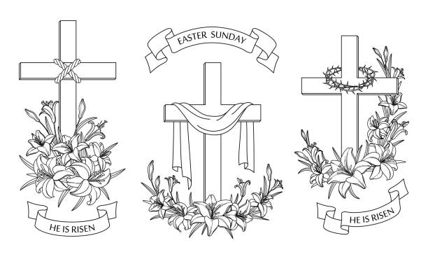 Cross with lilies. Religious Christian Easter Symbol Cross with lilies. Religious Christian Easter Symbol. Set of crosses with lilies, shroud and crown of thorns. Easter Sunday poster design element, card, greetings. Isolated. Vector illustration pics of a cross easter lilies stock illustrations