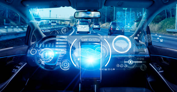 istock Interior of autonomous car. Driverless vehicle. Self driving. UGV. Advanced driver assistant system. 1202165027