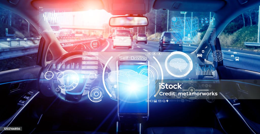 Interior of autonomous car. Driverless vehicle. Self driving. UGV. Advanced driver assistant system. - Royalty-free Carro Conceptual Foto de stock Interior of autonomous car. Driverless vehicle. Self driving. UGV. Advanced driver assistant system. - Royalty-free Carro Conceptual Foto de stock