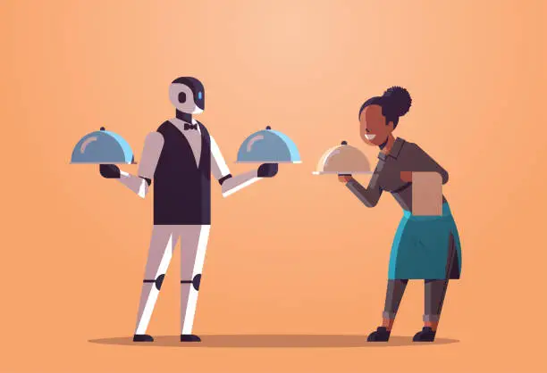 Vector illustration of robotic waiter with waitress holding tray with dish robot vs human restaurant workers in uniform artificial intelligence technology food serving concept flat full length horizontal