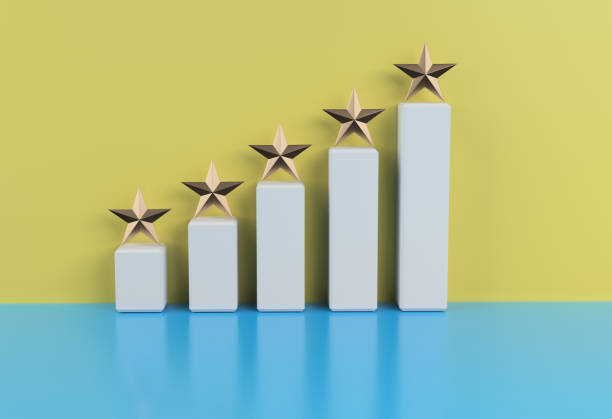 istock Five Star Feedback Concept On Blue and yellow Colored Background 1202169330