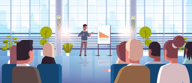 ilustrações de stock, clip art, desenhos animados e ícones de businessman presenting falling down arrow for businesspeople at conference meeting decrease economical financial crisis failure concept full length horizontal - credit crunch audio