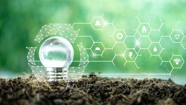 istock polygonal space with connecting dots and lines shape Recycle cover Crystal globe on base lamp resting on the ground over blurred green nature background. environment concept.Ecology concept. 1202171788