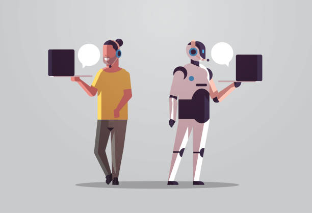 robotic operator with man consultant using laptop chat bubble client support robot vs human standing together call center artificial intelligence technology concept flat full length horizontal robotic operator with man consultant using laptop chat bubble client support robot vs human standing together call center artificial intelligence technology concept flat full length horizontal vector illustration customer service robot stock illustrations