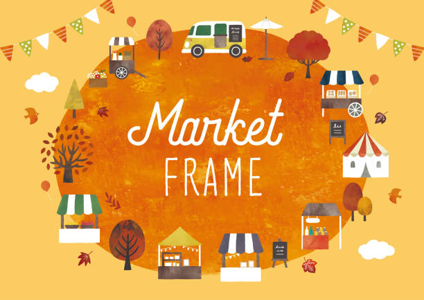 Market frame autumn watercolor Market frame autumn watercolor market square stock illustrations