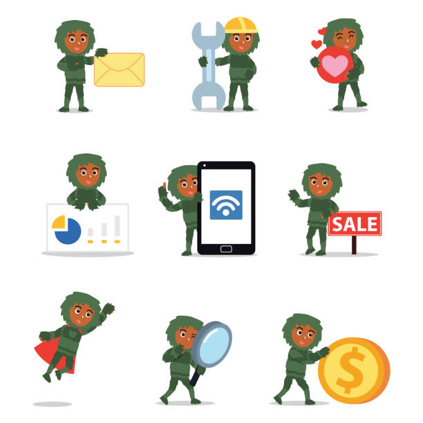Set of character woman wearing grass suit costume for the Carnival. Set of character woman wearing grass suit costume for the Carnival. Vector illustration with coin, envelope, love, mobile superhero environment women green color stock illustrations