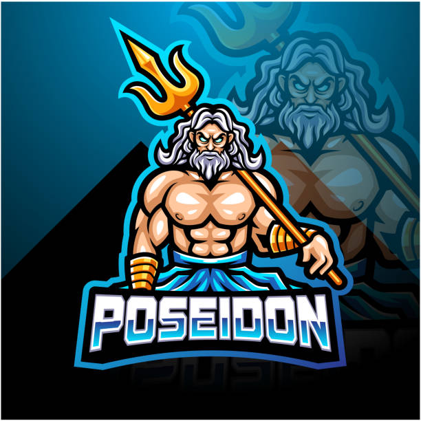 poseidon esport mascot logo design with trident weapon - triton stock-grafiken, -clipart, -cartoons und -symbole