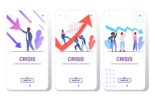 set businesspeople frustrated about economic arrow falling down financial crisis bankrupt investment risk concept smartphone screens collection full length horizontal copy space vector illustration