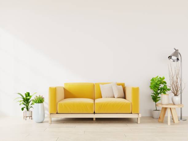 istock Light green living room interior with Yellow fabric sofa ,lamp and plants on empty. 1202175351