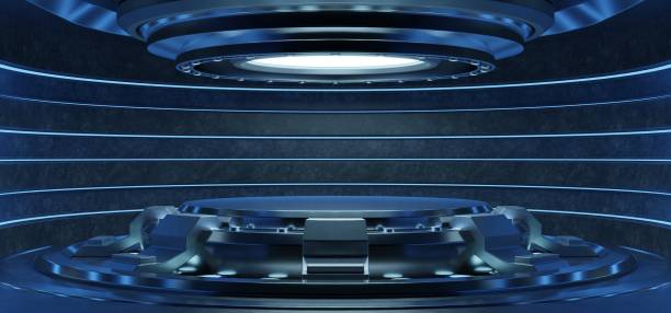 istock Empty light blue studio room futuristic Sci Fi big hall room with lights blue, Future background for design. 1202175364