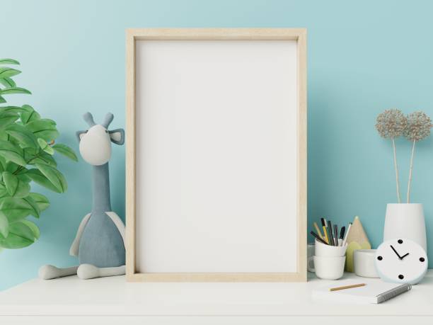 istock Mock up posters in child room interior and blue wall. 1202175375